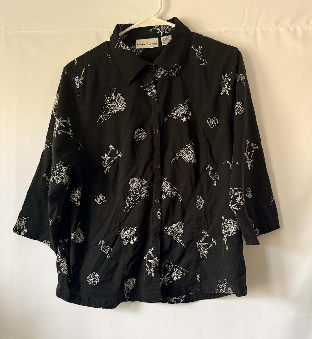 SunBay Cottons Black Tropical Vacation Print Button Up Shirt Size L